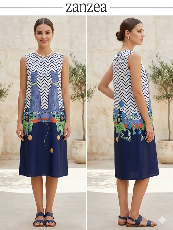 Zanzea Dresses & Skirts - Zanzea Chevron Sleeveless Blue White with Cat Print Design Dress Size Large NEW